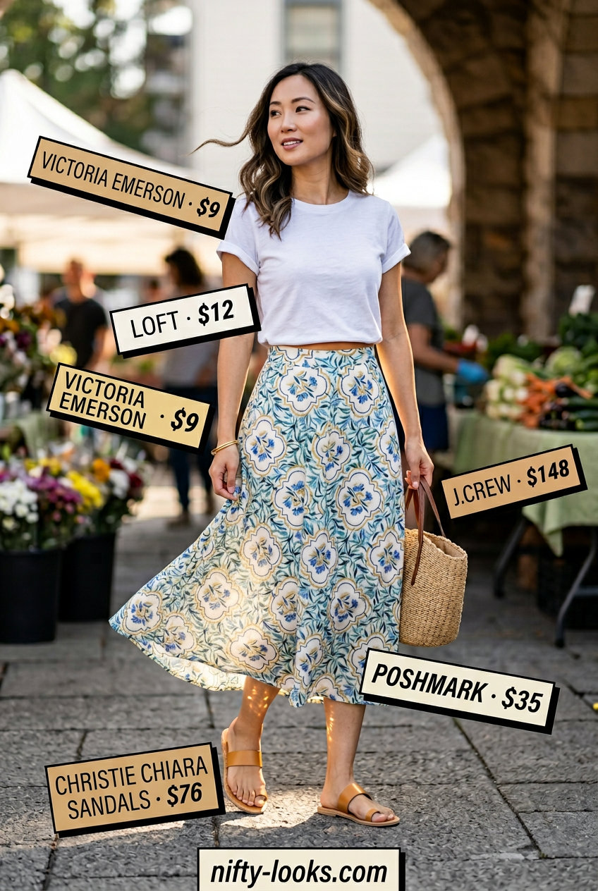 Casual outfits for women with Inverted Triangle Shape 2026: Floral A-line skirt, white tee, tan slides, straw tote.