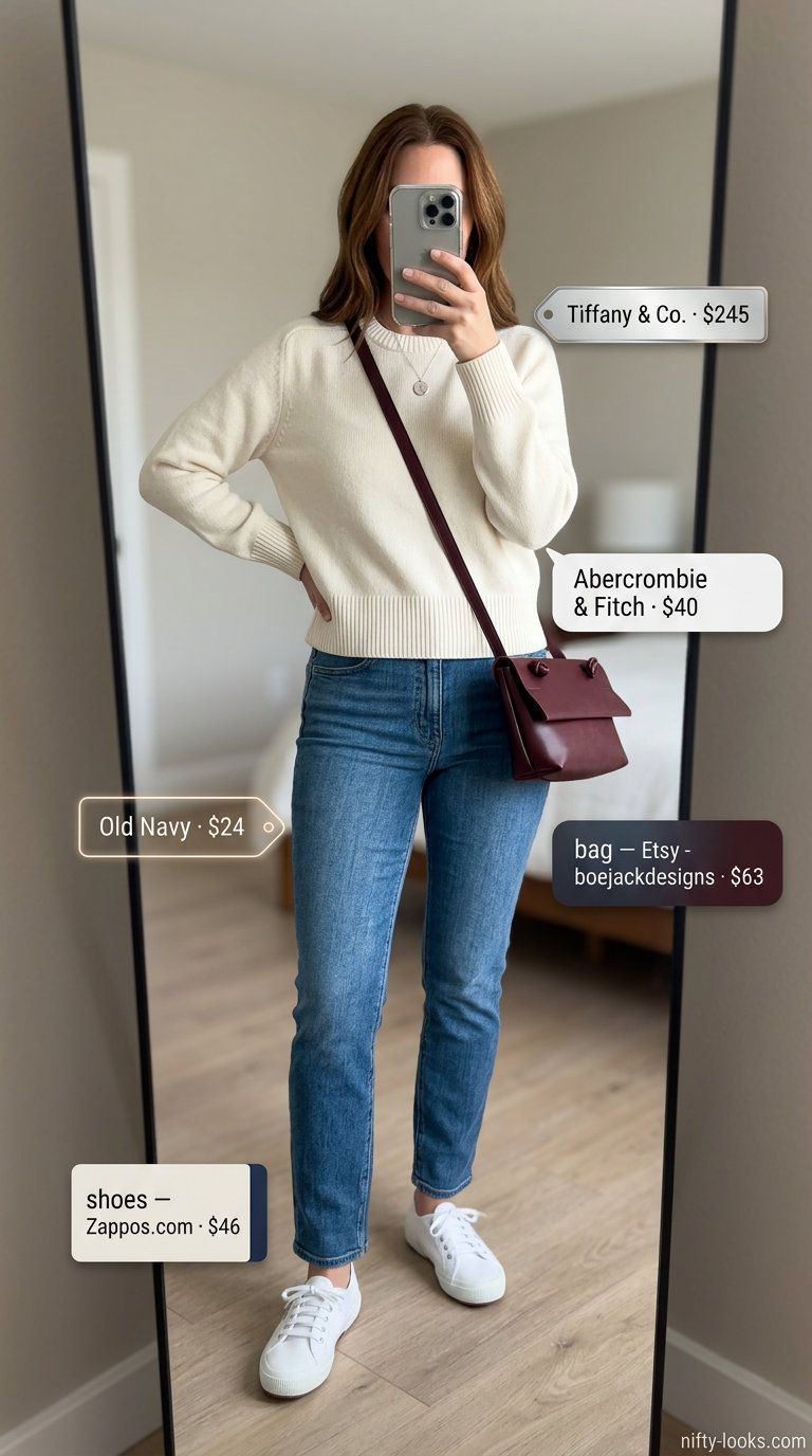 Casual outfits for women with Inverted Triangle Shape 2026: Medium wash jeans, cream sweater, burgundy bag, white sneakers.