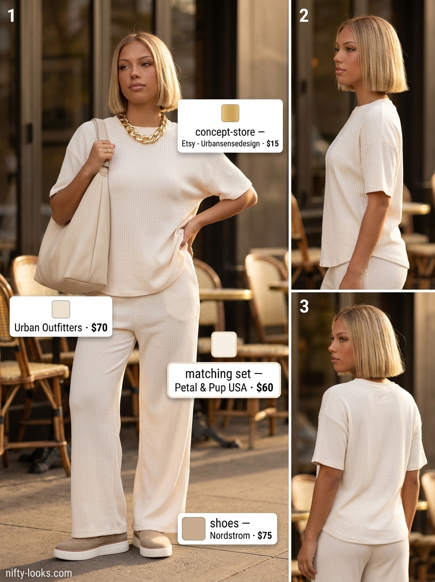 Casual outfits for women with Inverted Triangle Shape 2026: Beige knit set with wide-leg pants and crewneck sweater.