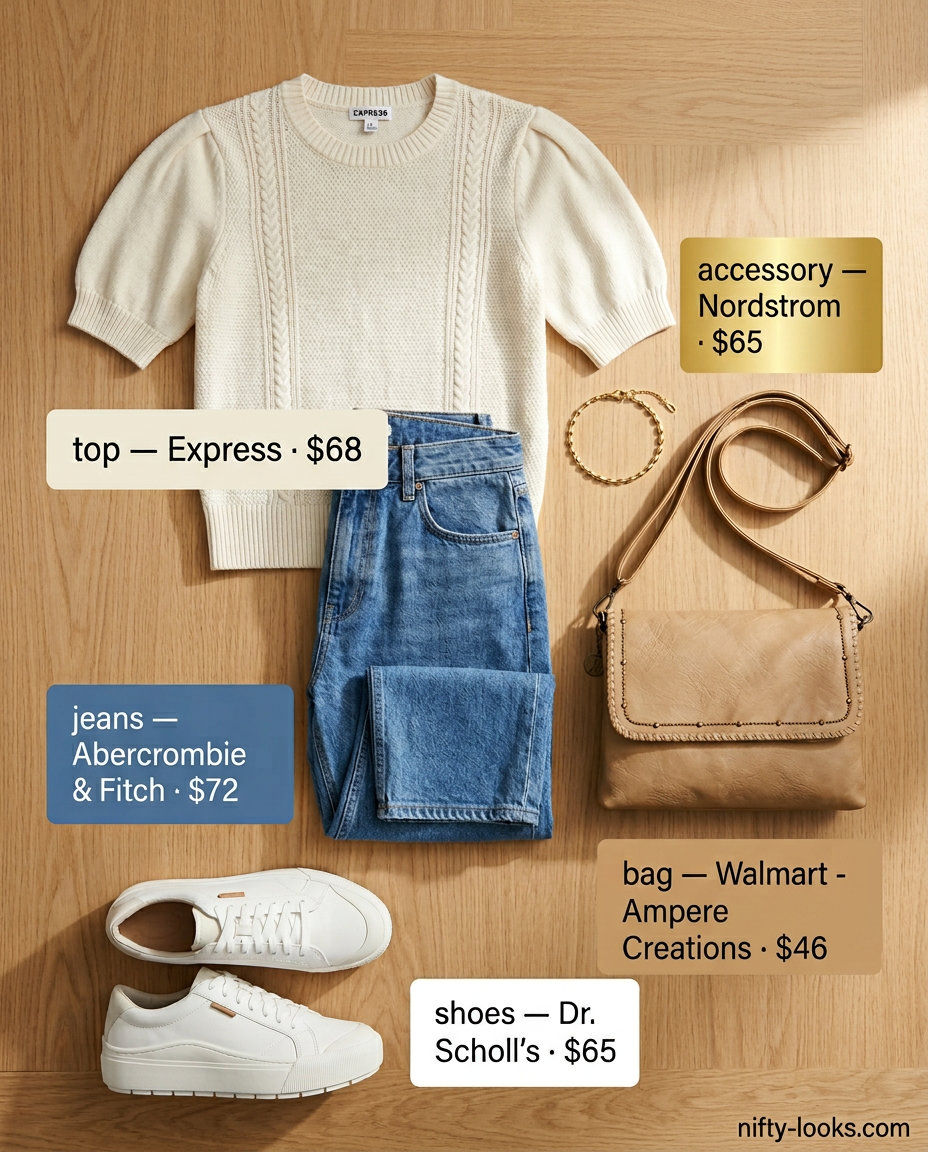 Casual outfits for women with Inverted Triangle Shape 2026: Cream knit sweater with straight-leg jeans & white sneakers.