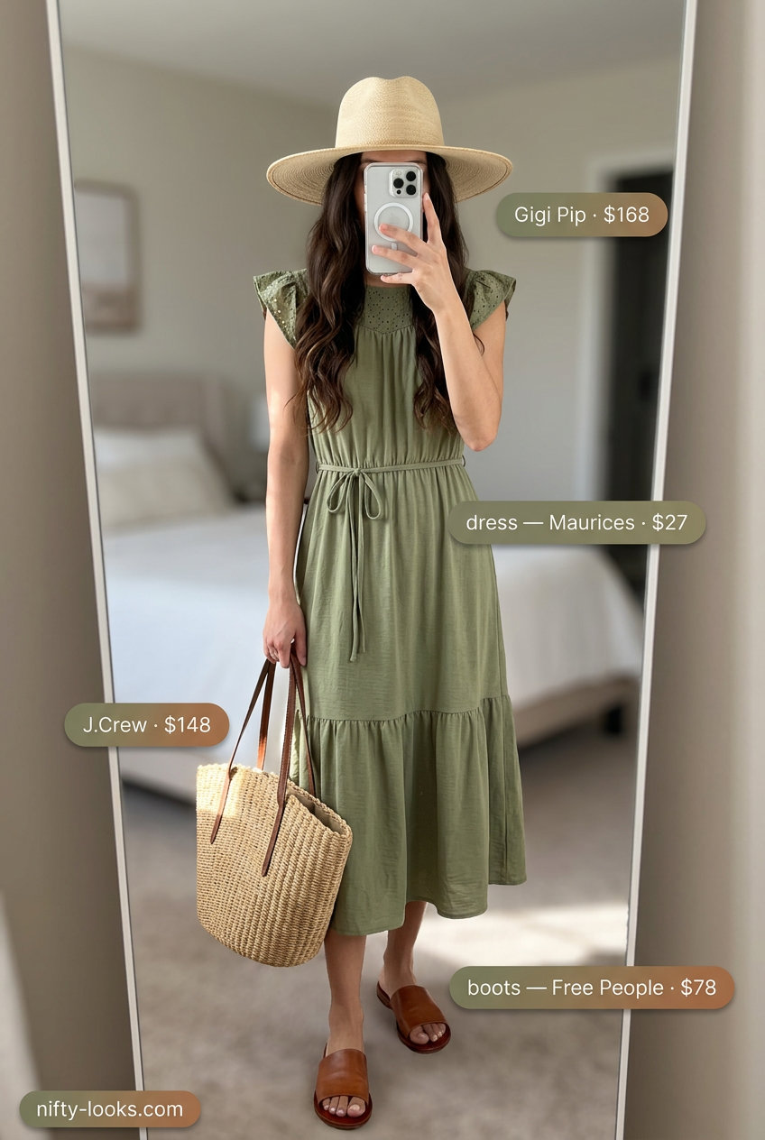 Casual outfits for women with Inverted Triangle Shape 2026: Olive green midi dress, tan slides, straw tote and hat.
