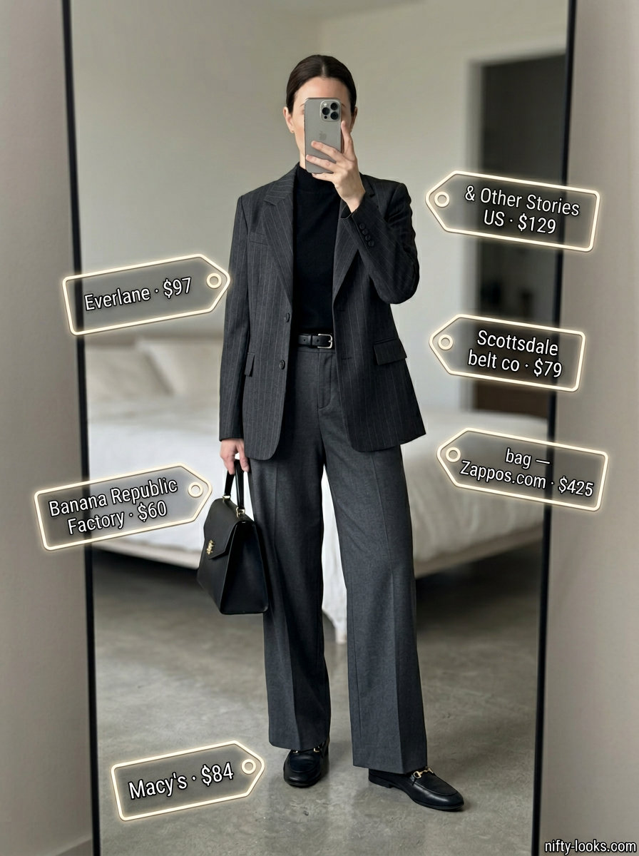 Casual outfits for women with Inverted Triangle Shape 2026: Charcoal blazer, wide-leg trousers, and turtleneck.