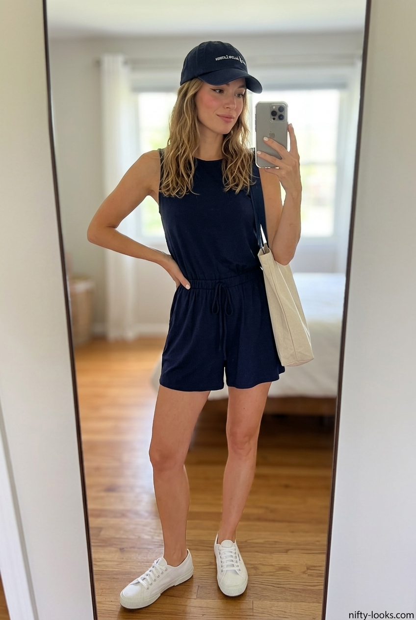 Casual outfits for women with Inverted Triangle Shape 2026: Navy romper, white sneakers, navy cap, canvas tote.