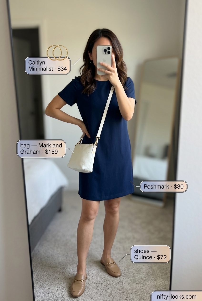 Casual outfits for women with Inverted Triangle Shape 2026: Navy shift dress, white shirt, tan mules, gold earrings.