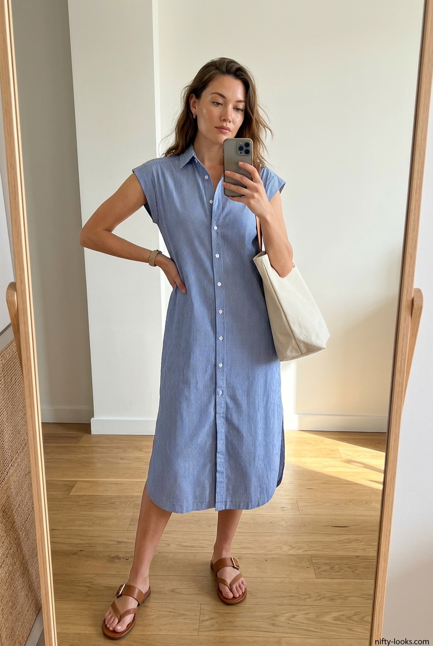 Casual outfits for women with Inverted Triangle Shape 2026: Blue stripe shirt dress with tan sandals and canvas tote.