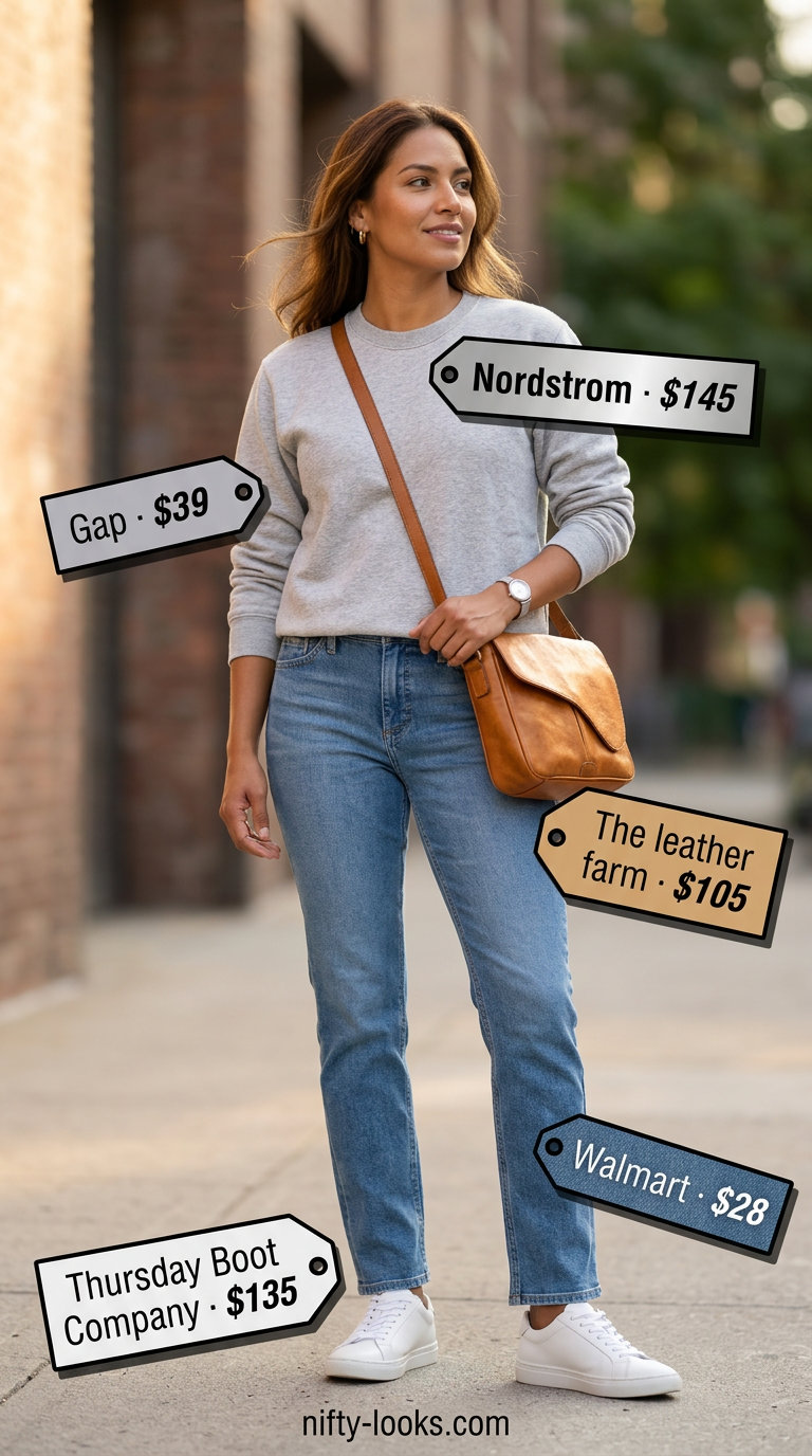 Casual outfits for women with Inverted Triangle Shape 2026: Medium wash straight jeans, grey sweater, white sneakers, tan bag.