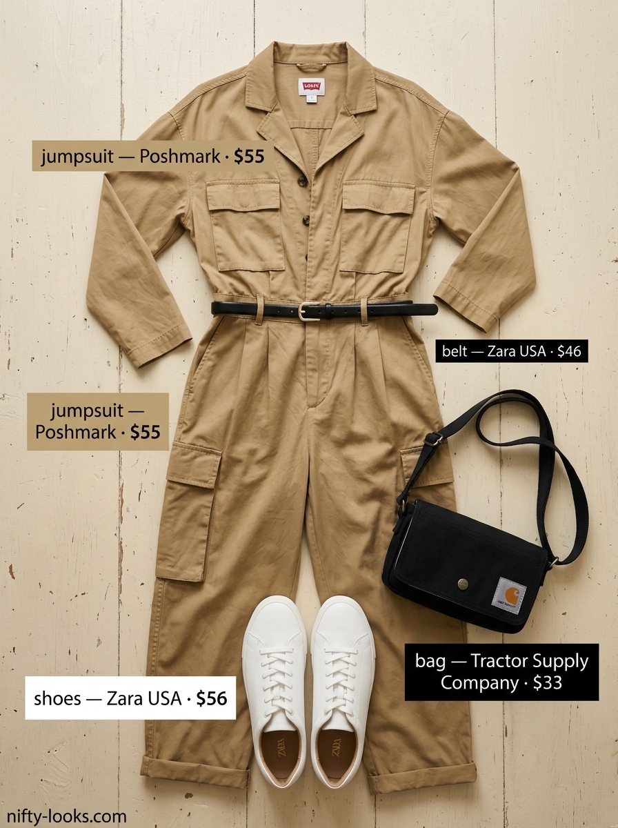 Casual outfits for women with Inverted Triangle Shape 2026: Khaki utility jumpsuit with white sneakers & black crossbody.