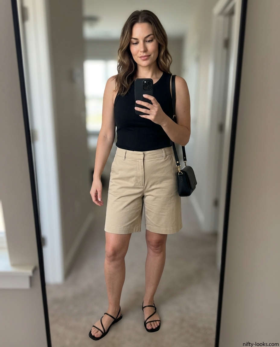 Casual outfits for women with Inverted Triangle Shape 2026: Beige Bermuda shorts, white shirt, black tank & sandals.