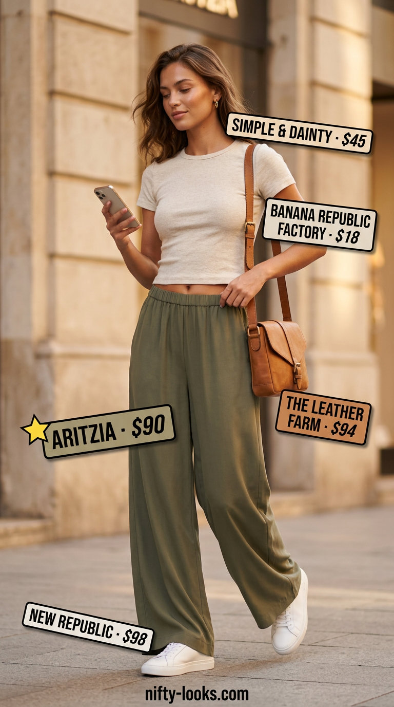 Casual outfits for women with Inverted Triangle Shape 2026: Olive wide leg pants, cream t-shirt, white sneakers, tan bag.