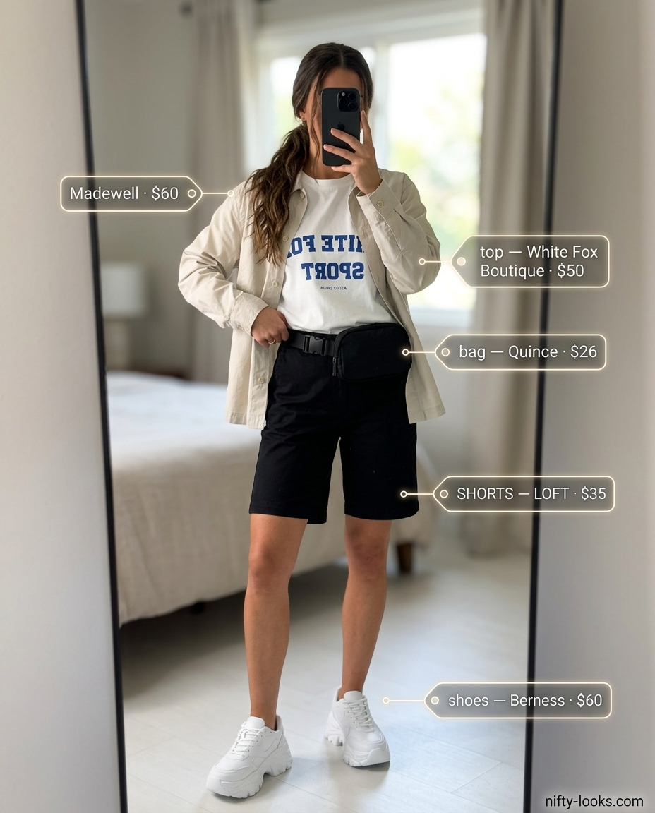 Black Bermuda shorts, graphic tee, and oversized shirt for casual outfits for women with inverted triangle shape 2026.