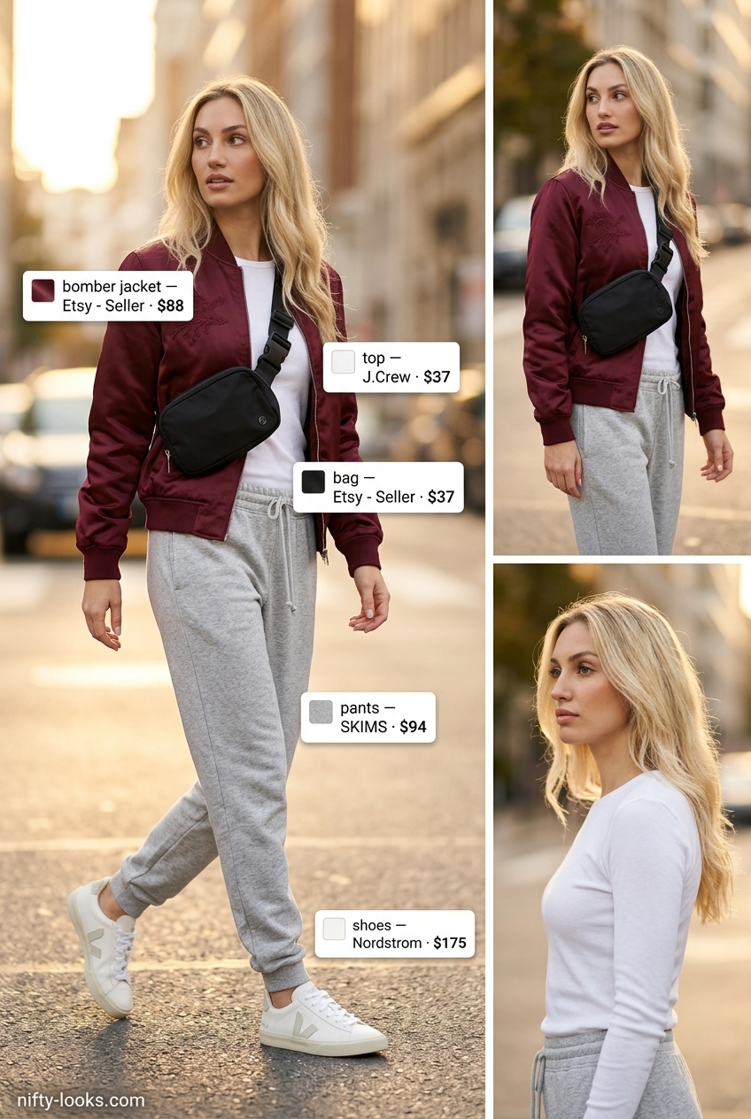 Burgundy satin bomber jacket, grey joggers, and white tee for casual outfits for women with inverted triangle shape 2026.