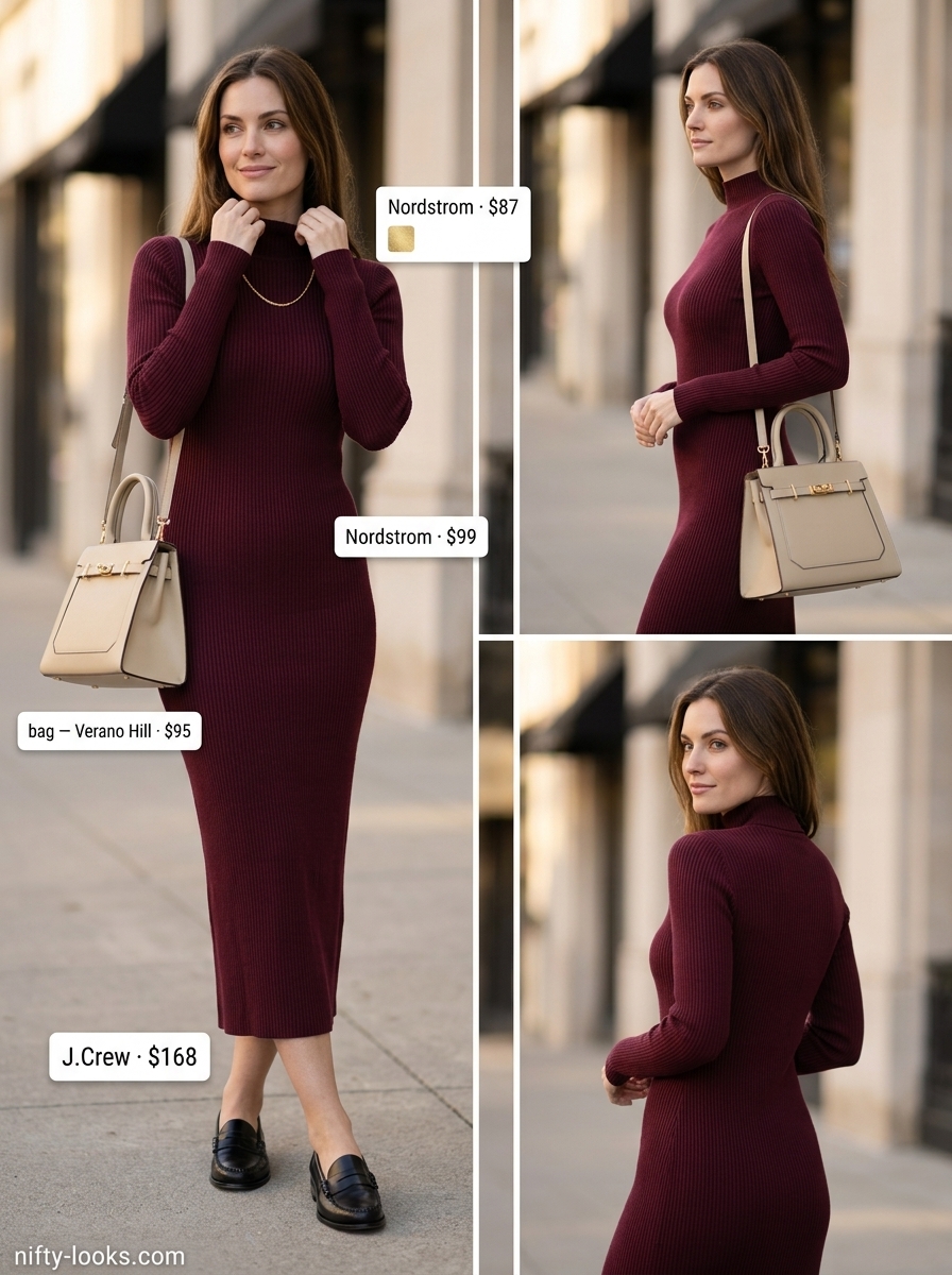 Burgundy knit midi dress, black loafers, and cream bag for casual outfits for women with inverted triangle shape 2026.