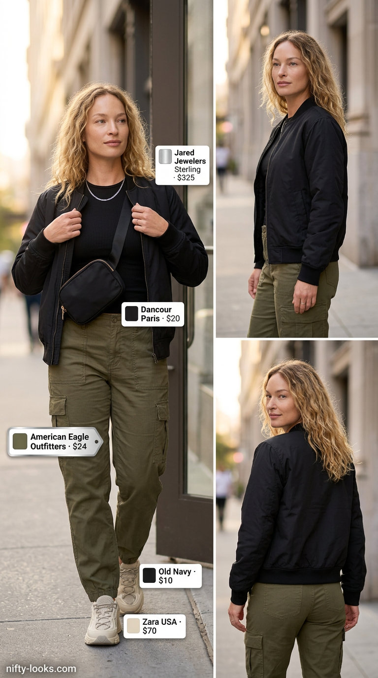 Olive green cargo pants, black tee, bomber jacket for casual outfits for women with inverted triangle shape 2026.