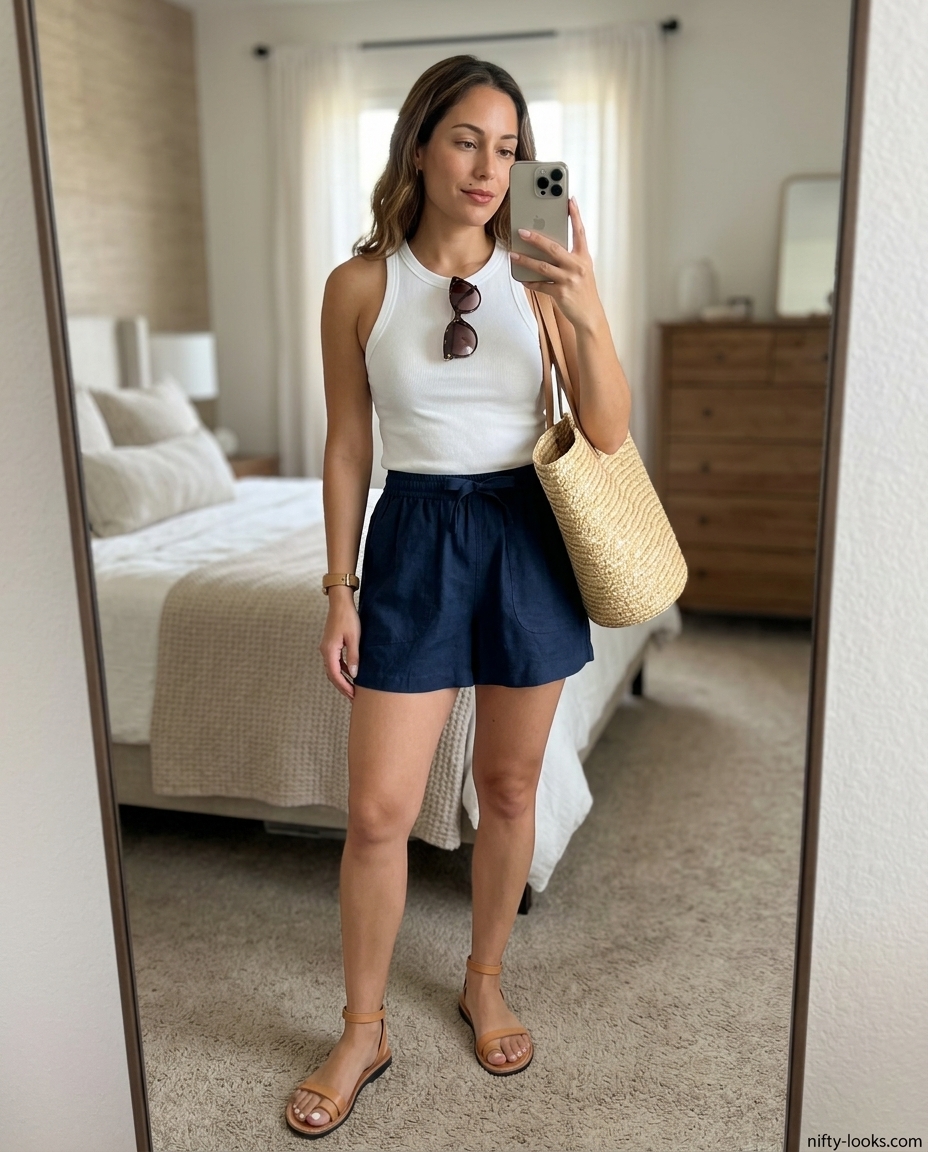 Navy linen shorts, white tank, and oversized linen shirt for casual outfits for women with inverted triangle shape 2026.