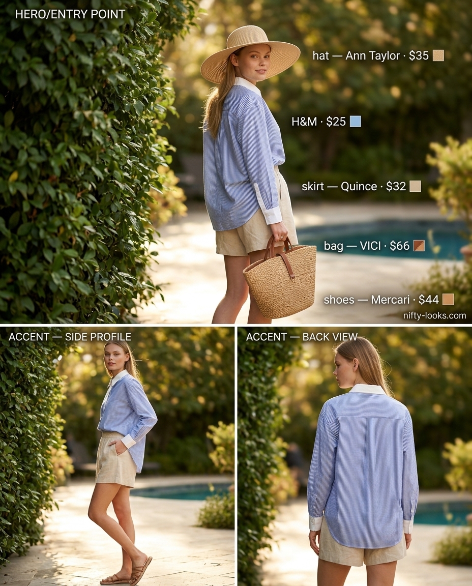Beige linen shorts, blue striped shirt, straw hat for casual outfits for women with inverted triangle shape 2026.