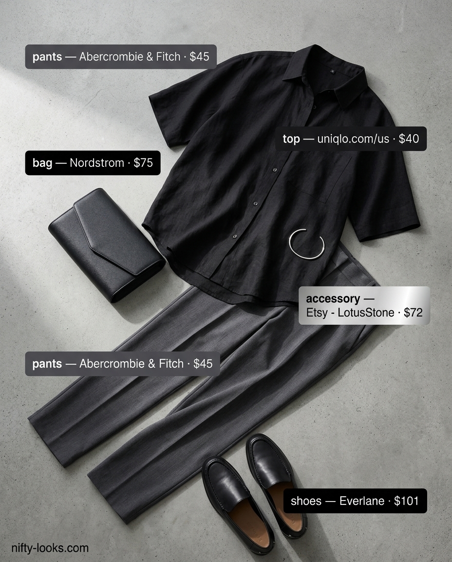 Charcoal grey straight-leg pants, black boxy shirt, and loafers for casual outfits for women with inverted triangle shape 2026.