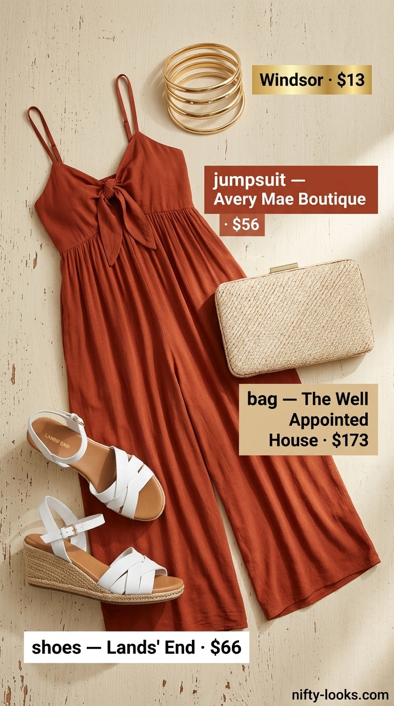 Bohemian terracotta jumpsuit outfit for women: Wide-leg jumpsuit, straw clutch, gold bangles, and espadrilles.