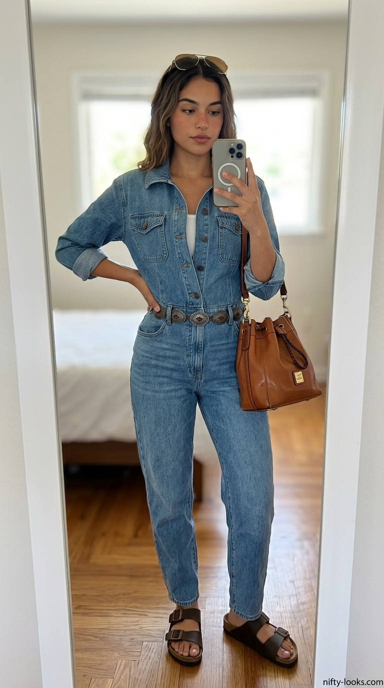 Medium wash chambray jumpsuit for backyard BBQs and casual gatherings, an effortless summer outfit 2026.