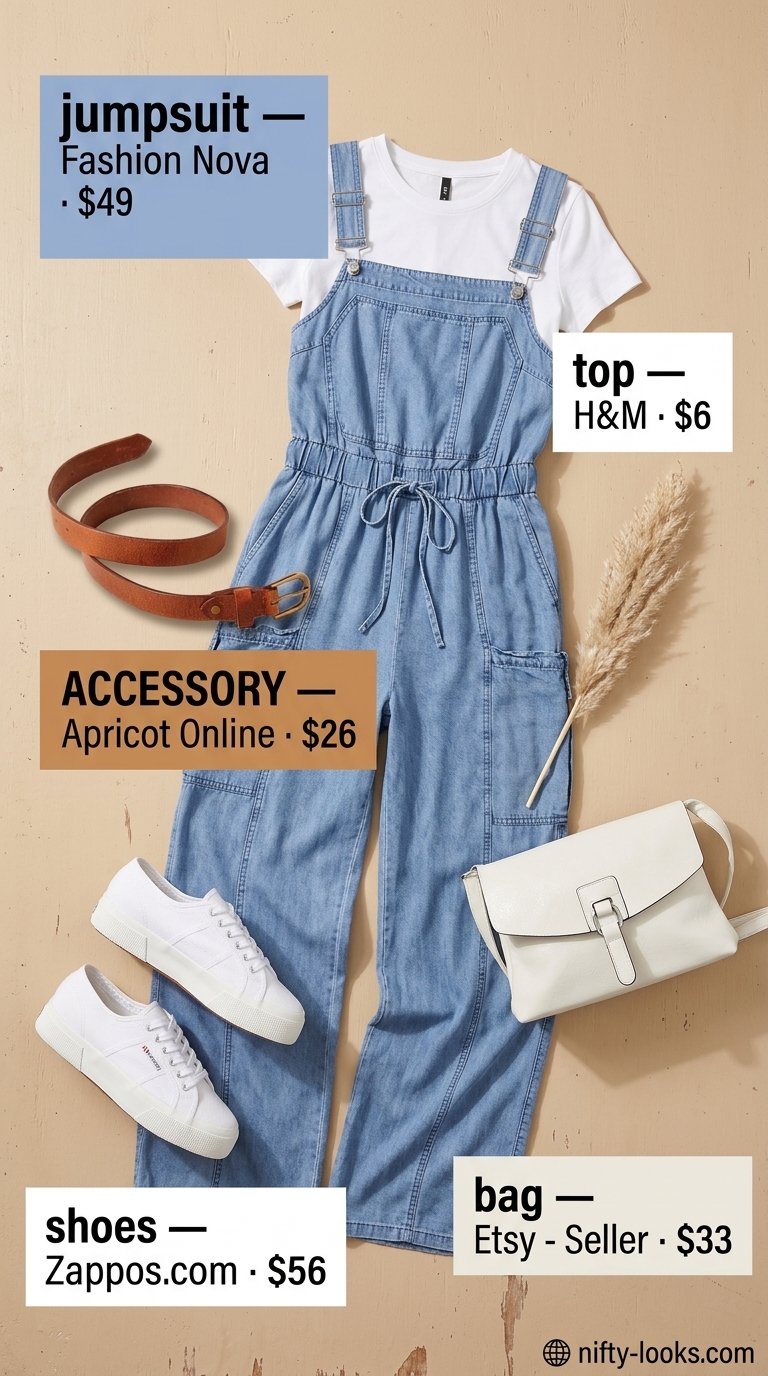 Light blue chambray jumpsuit for farmers markets and casual days out, a whimsical summer outfit 2026.