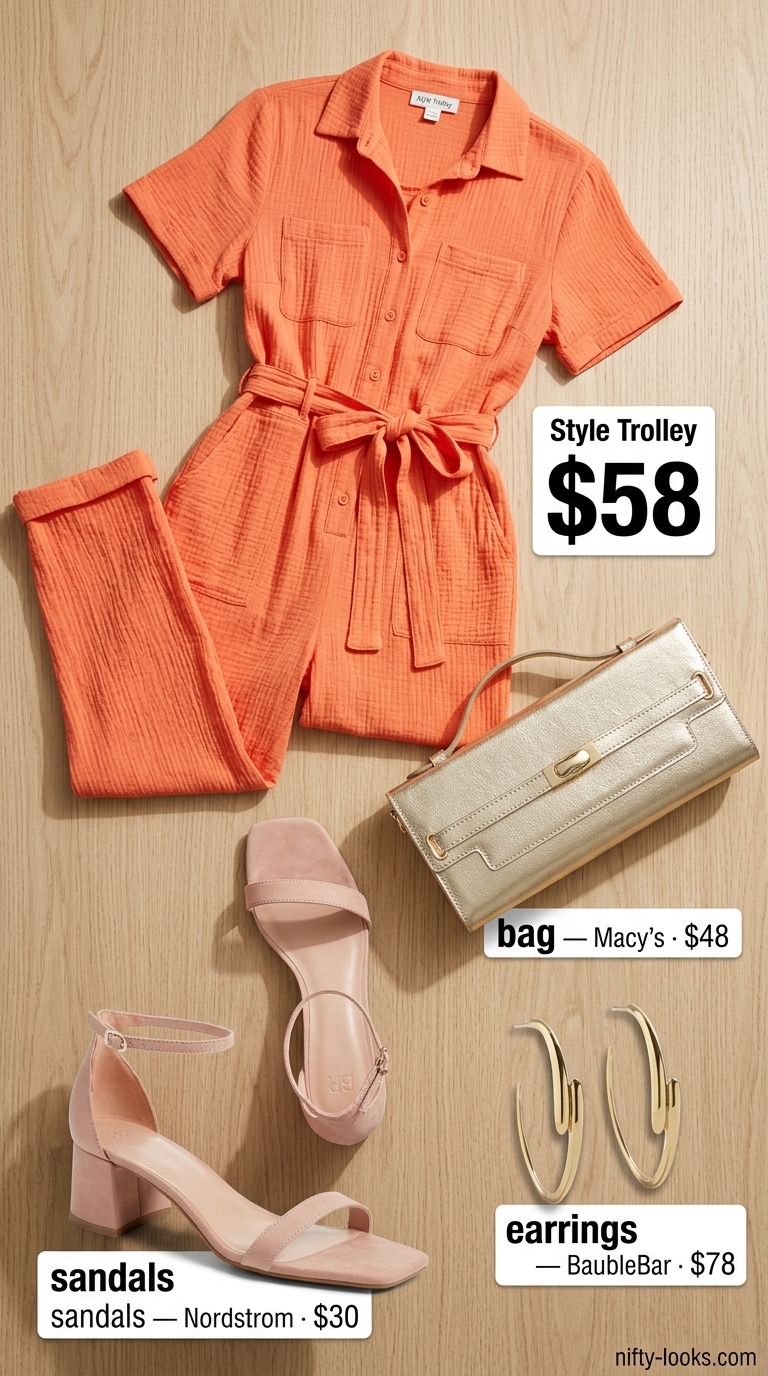 Casual summer jumpsuit outfits for women 2026: Coral orange jumpsuit with nude sandals and gold accessories for vacation dinner.