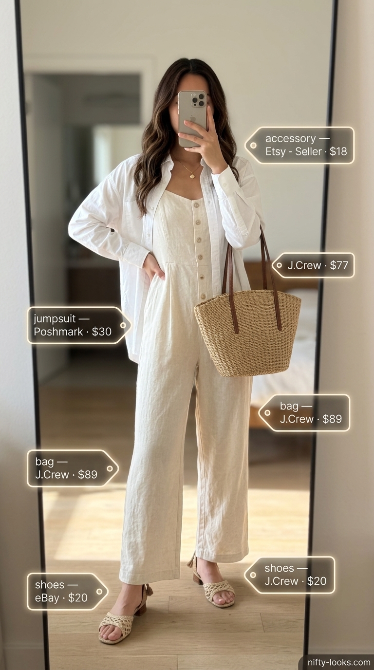 Casual summer jumpsuit outfits for women 2026: Cream linen jumpsuit with straw tote and gold jewelry for resort casual.