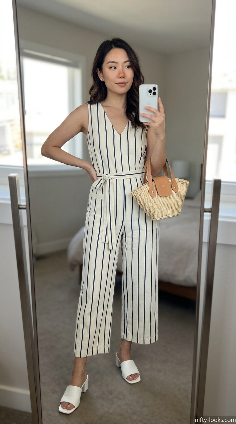 Light blue stripe jumpsuit outfit for women: Seersucker jumpsuit, wicker bag, pearl earrings, and block heels.