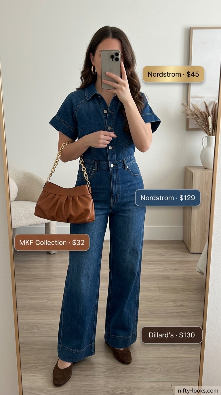 Dark indigo denim jumpsuit for casual brunch and shopping trips, a classic summer outfit 2026.