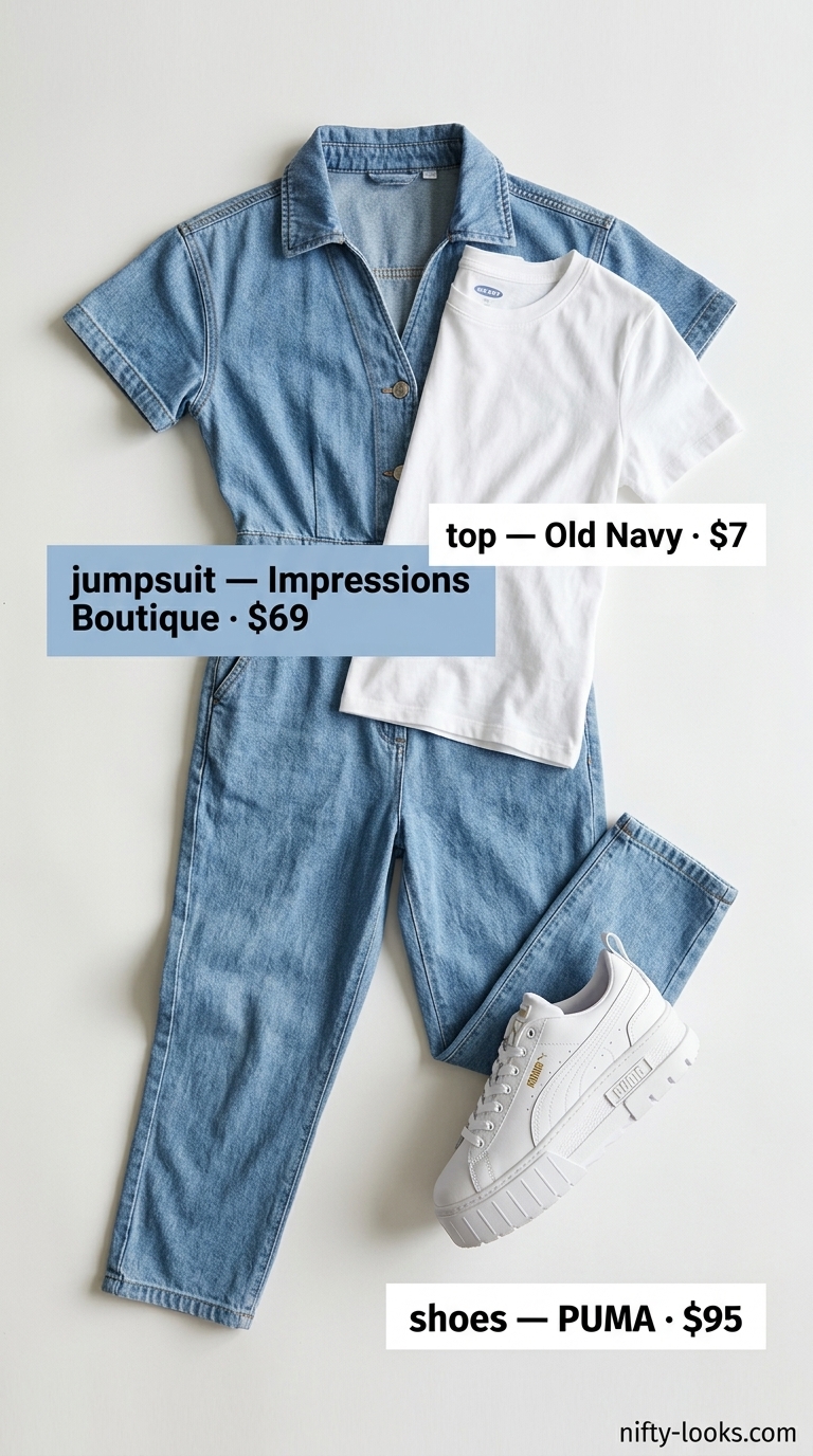 Denim jumpsuit outfit for women: Light-wash denim jumpsuit, white tee, red crossbody, and sneakers.