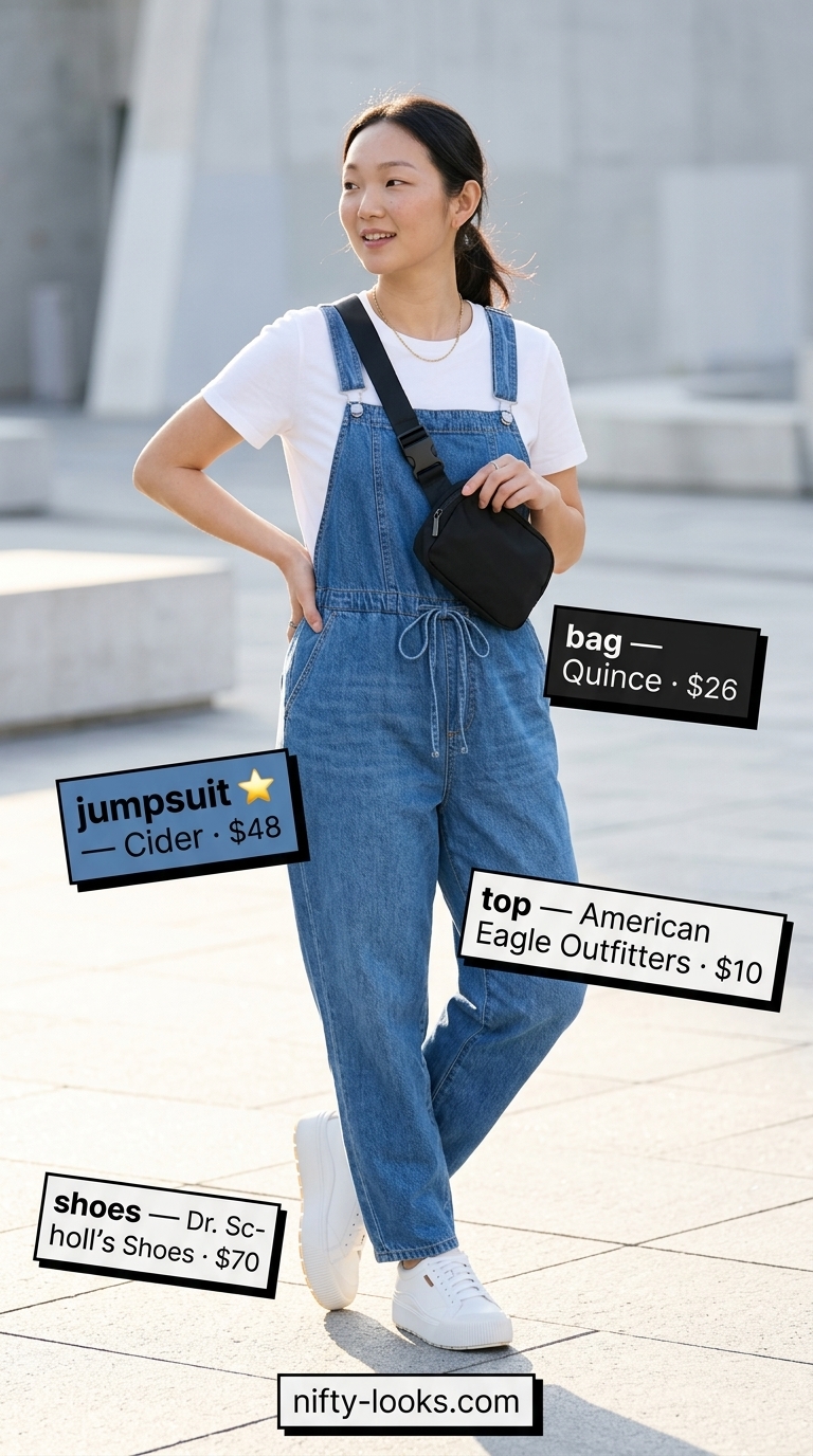 Casual summer jumpsuit outfits for women 2026: Light denim utility jumpsuit with white tee and sneakers for city errands.