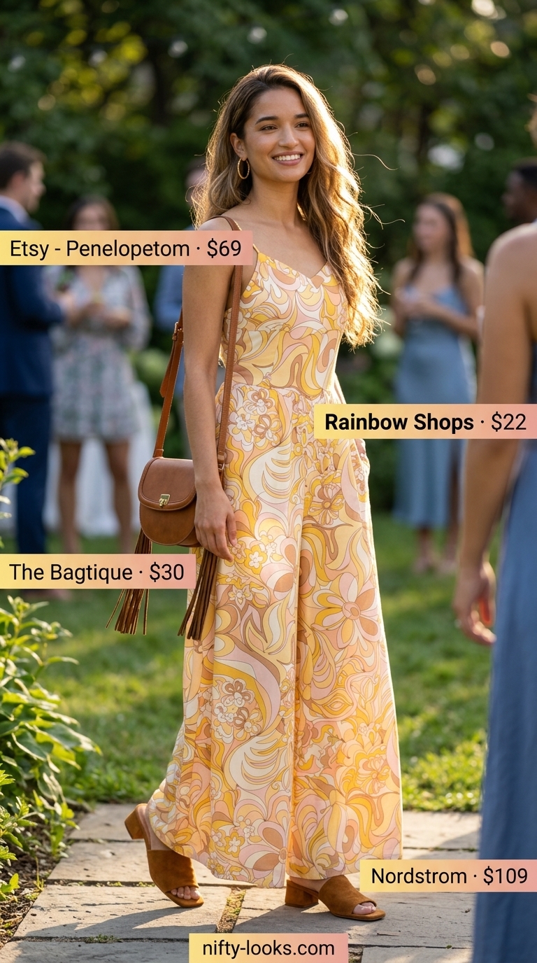 Casual summer jumpsuit outfits for women 2026: Abstract floral jumpsuit with block heels and fringe bag for garden party.