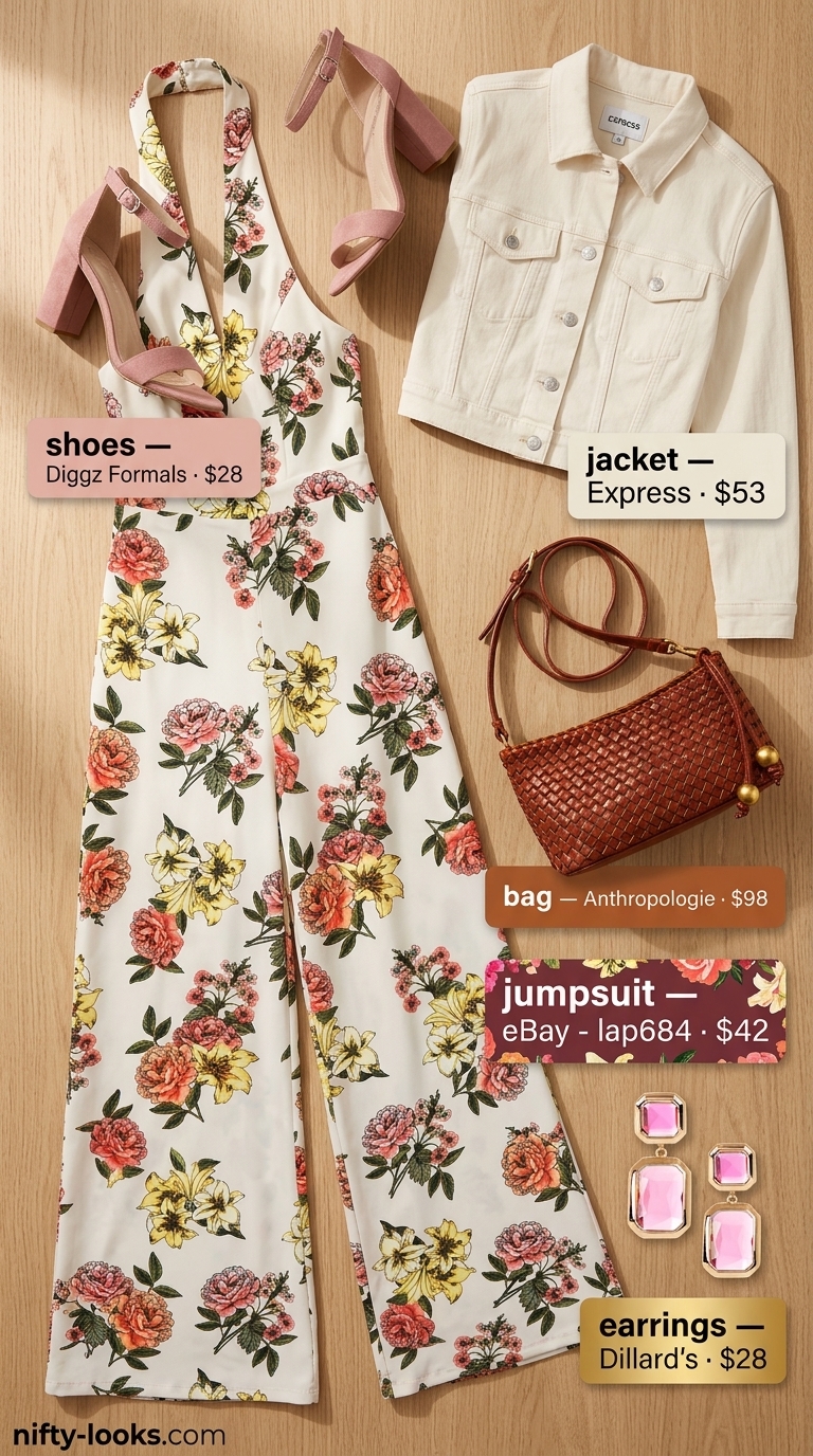 Vibrant floral print halter jumpsuit for summer festivals and garden parties, a bohemian look 2026.