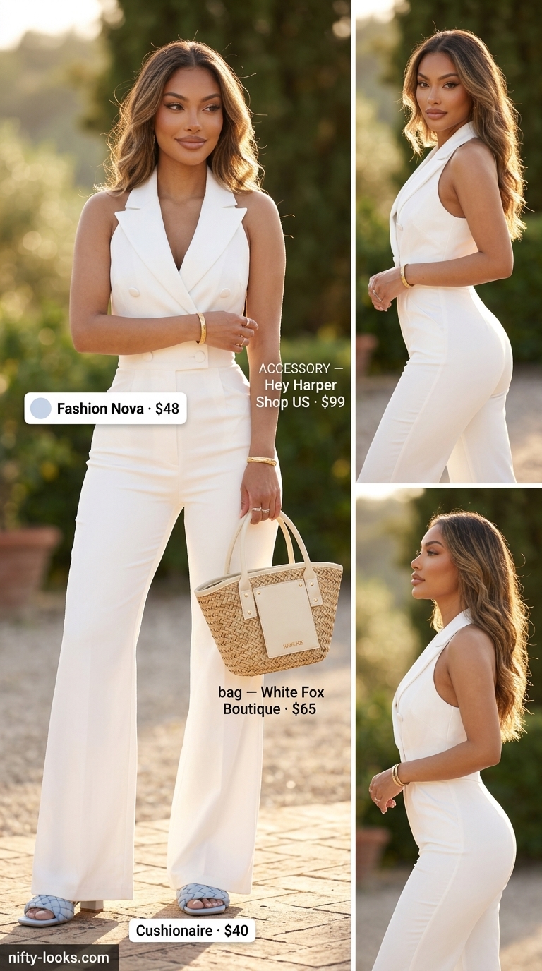 Crisp white jumpsuit outfit for women: Cotton jumpsuit, pastel blue espadrilles, straw bag, and gold bangle.