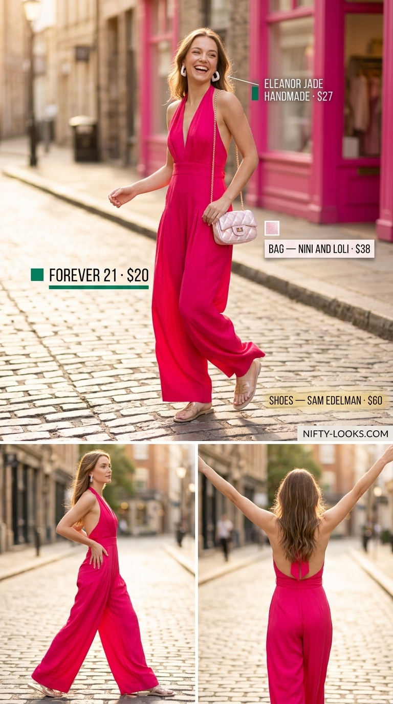 Hot pink halter jumpsuit for outdoor concerts and fun days out, a playful summer outfit 2026.