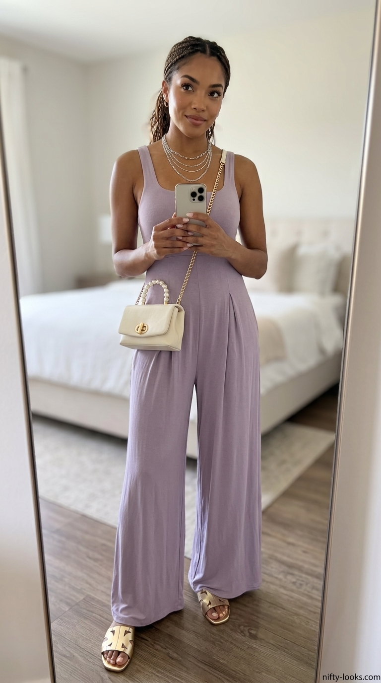 Dreamy lavender crinkle cotton jumpsuit with metallic gold flats for a romantic sunset picnic outfit 2026.