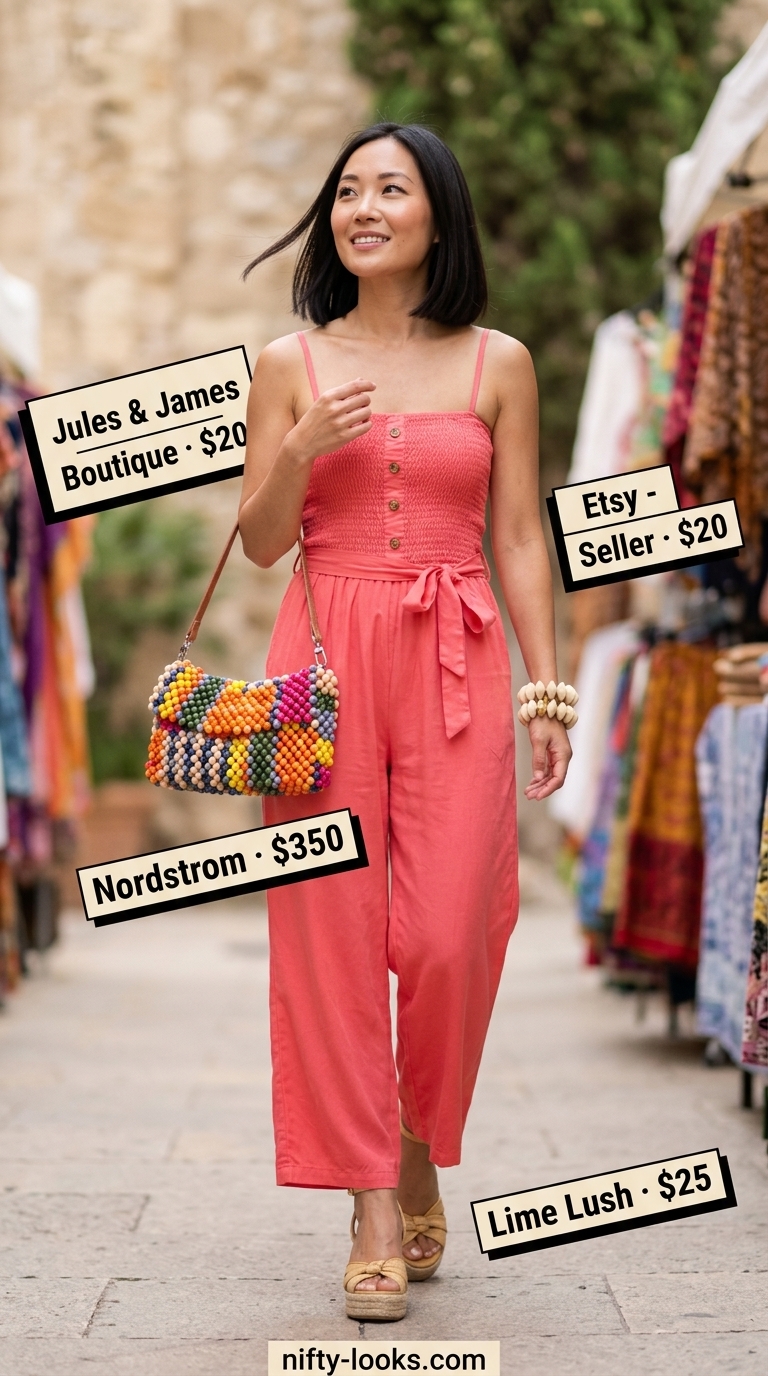 Vibrant coral jumpsuit outfit for women: Cropped jumpsuit, wooden bangles, raffia espadrilles, and beaded bag.