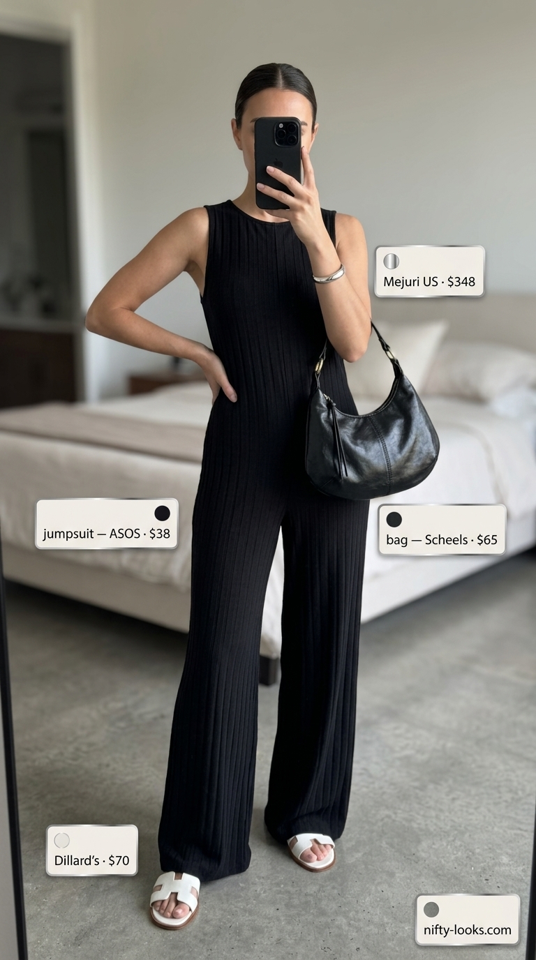Chic black jumpsuit outfit for women: V-neck jumpsuit, silver jewelry, and black mules for a modern look.