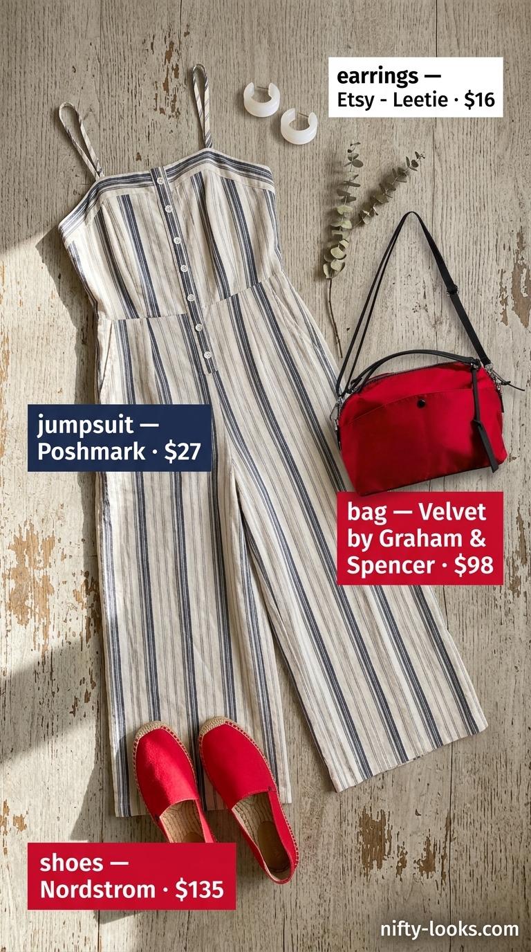 Casual summer jumpsuit outfits for women 2026: Navy & white stripe jumpsuit with red espadrilles for a nautical boardwalk stroll.