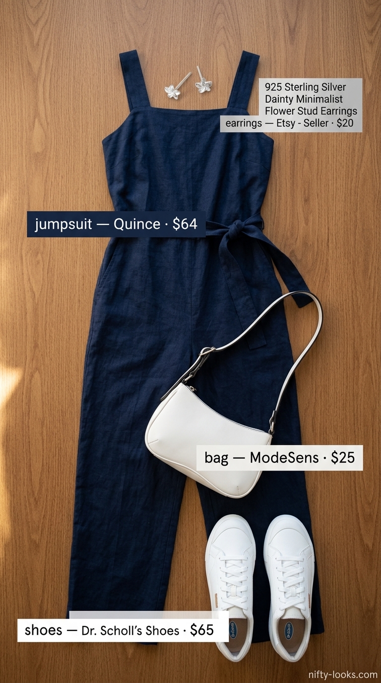 Casual summer jumpsuit outfits for women 2026: Navy cotton twill jumpsuit with white sneakers and crossbody for seaside lunch.