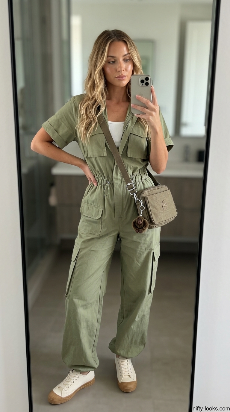 Casual summer jumpsuit outfits for women 2026: Olive green cargo jumpsuit with white crop top and sneakers for a park day.