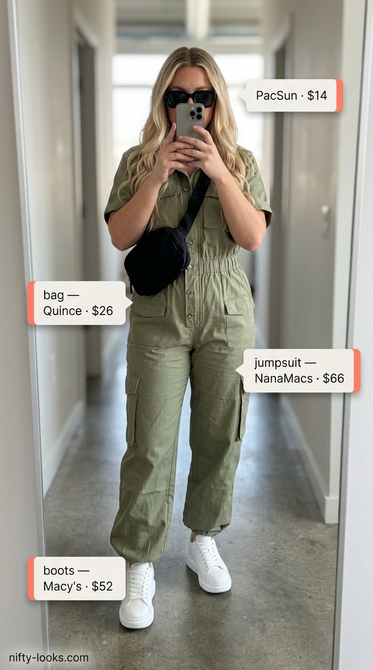 Olive green utility jumpsuit for city sightseeing and errands, a cool summer outfit 2026.