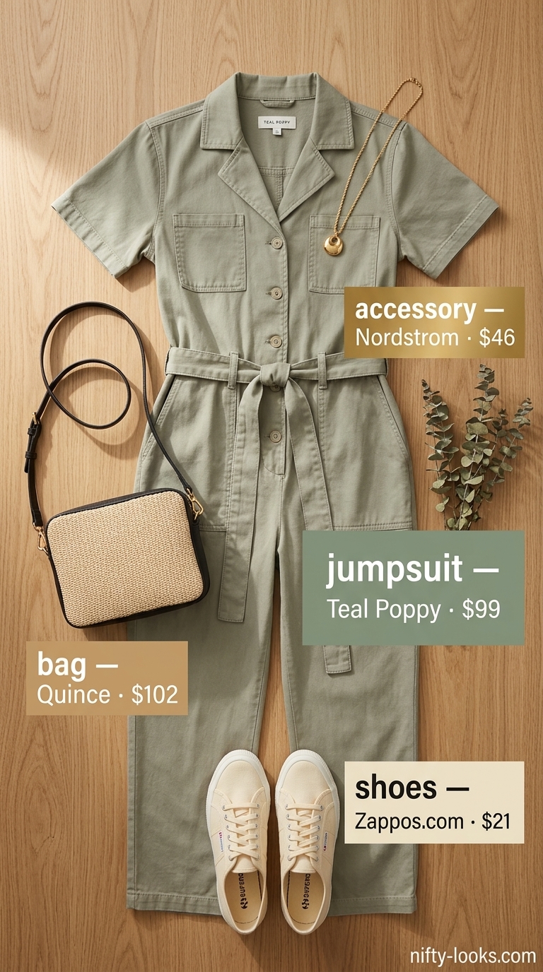 Sage green utility jumpsuit for weekend markets and casual errands, a perfect summer outfit 2026.