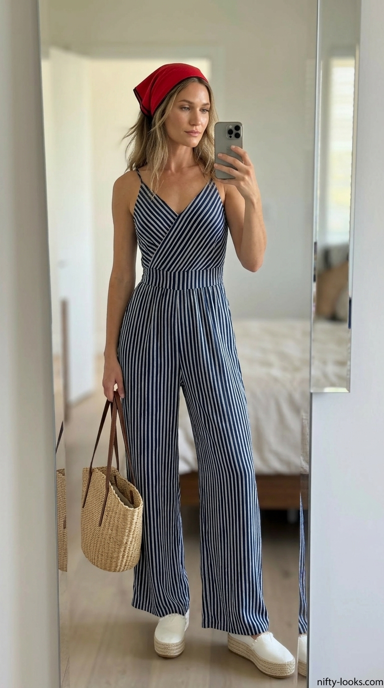 Casual summer jumpsuit outfits for women 2026: Navy & white stripe jumpsuit with espadrilles for a relaxed lakeside getaway.