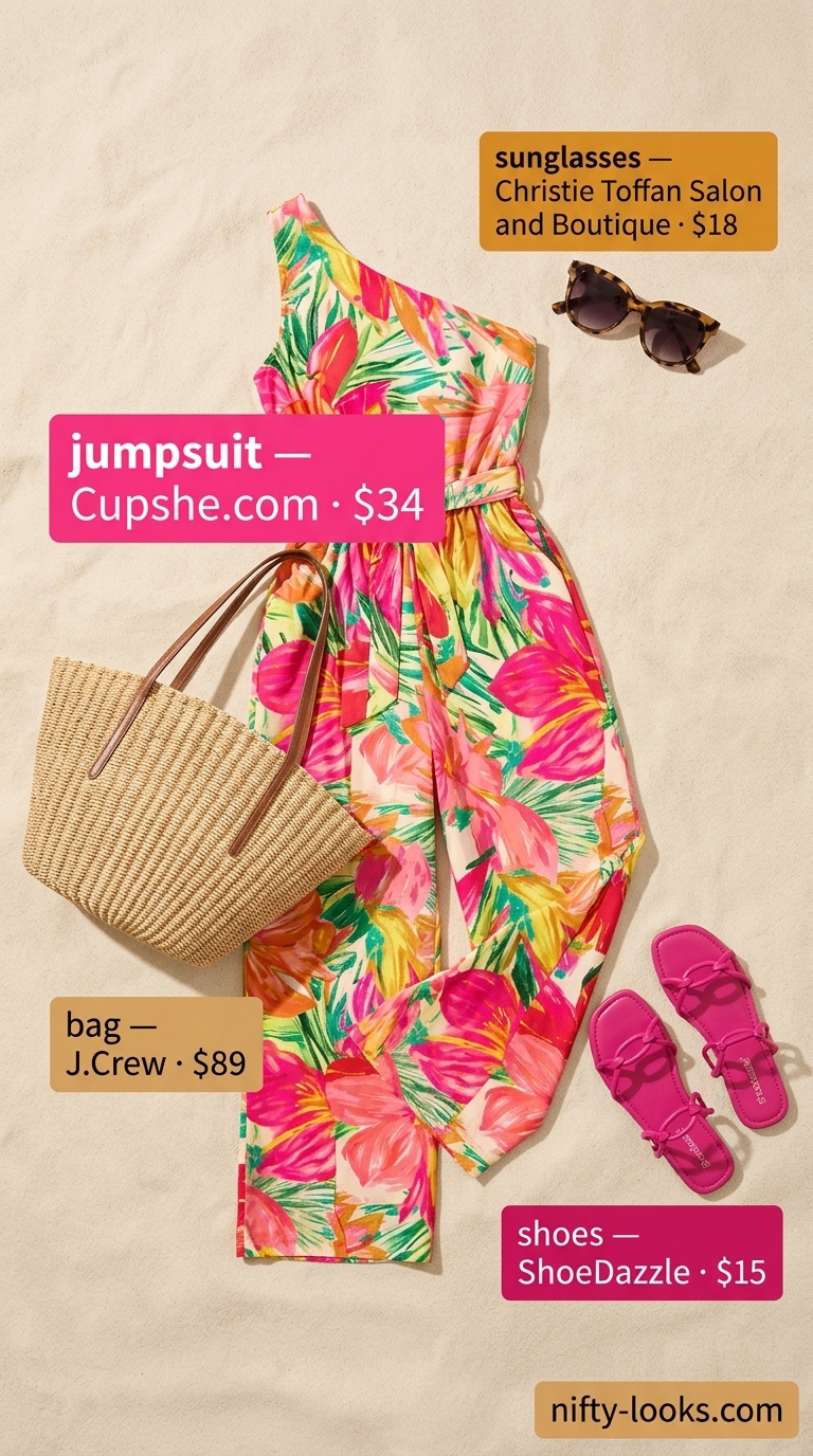 Tropical print jumpsuit outfit for women: Cami jumpsuit, straw tote, cat-eye sunglasses, and coral slides.