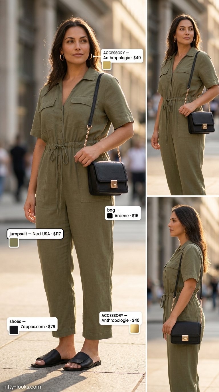 Urban safari jumpsuit outfit for women: Khaki jumpsuit, gold hoops, black crossbody, and leather slides.