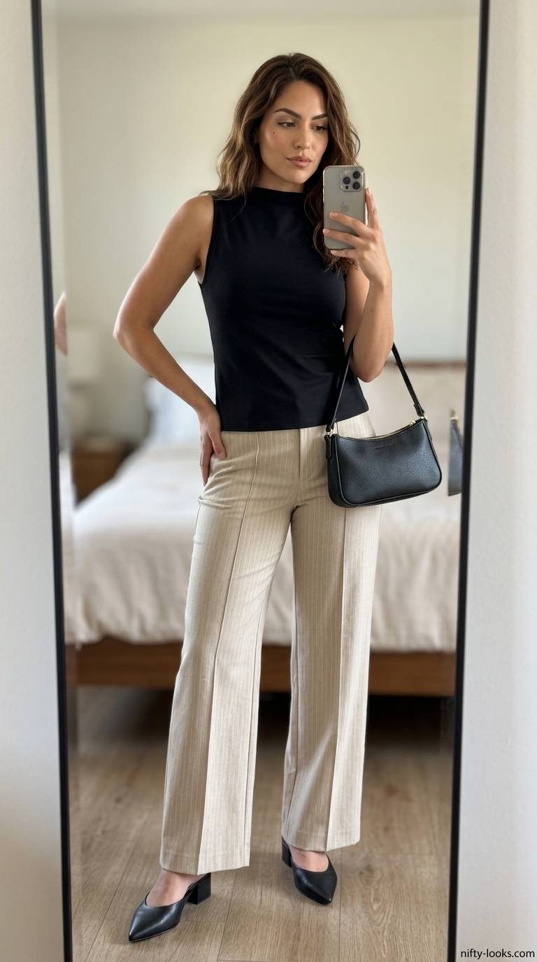 Chic minimalist summer outfits for women 2026: Beige wide-leg trousers, black sleeveless top, mules. Sophisticated work event style.