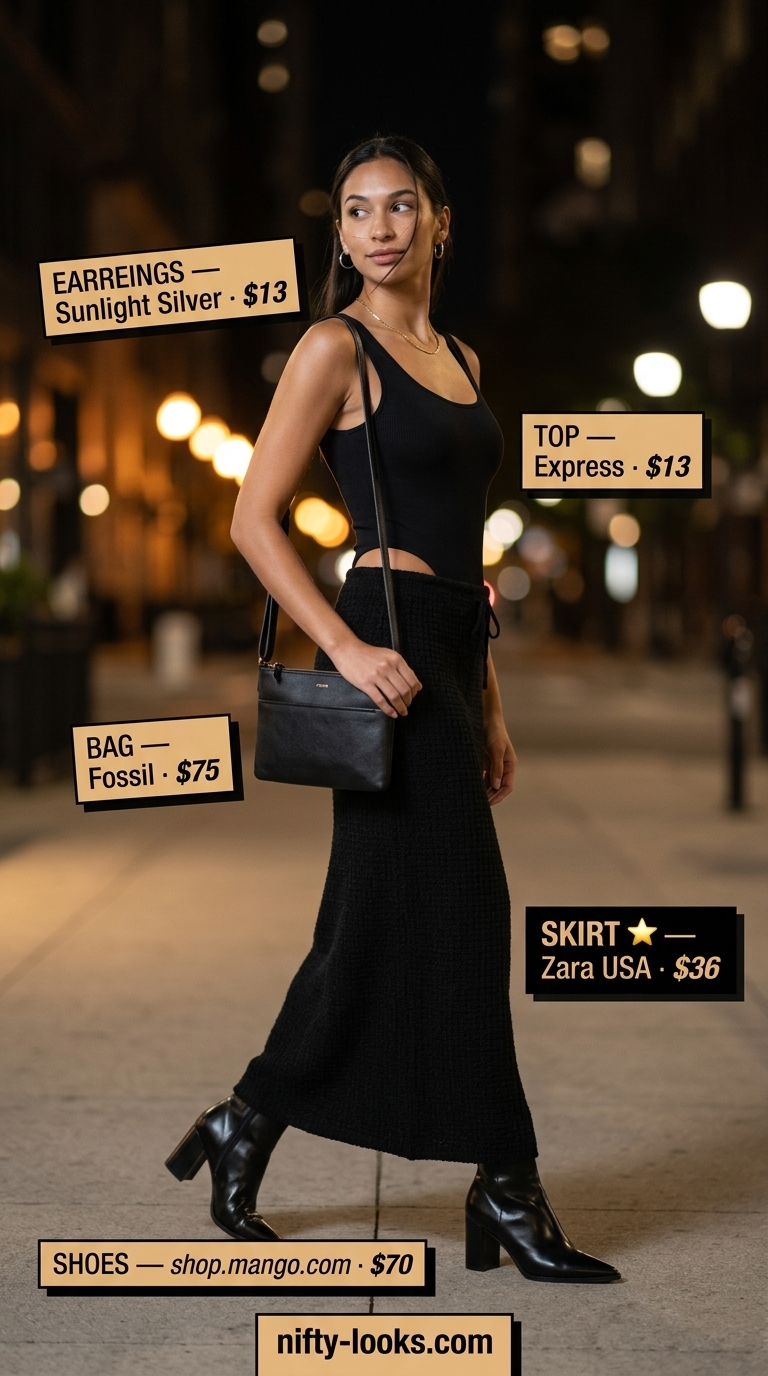 Chic minimalist summer outfit 2026: Black A-line skirt, bodysuit, ankle boots, and crossbody for evening.