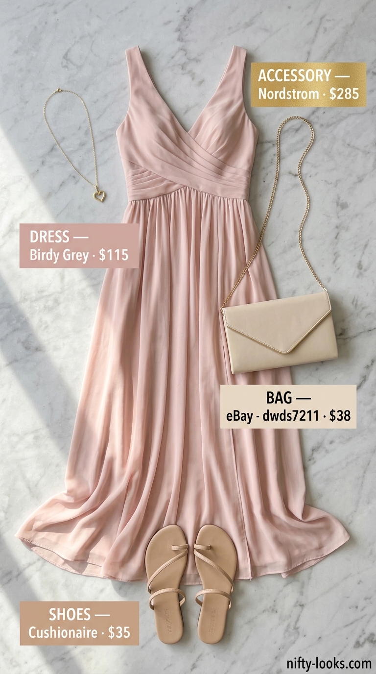 Chic minimalist summer outfits for women 2026: Blush pink maxi dress, nude sandals, gold necklace. Romantic evening look.