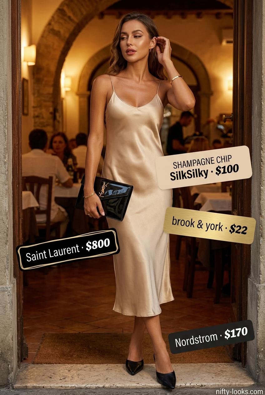 Chic minimalist summer outfit 2026: Champagne slip dress, black mules, clutch, and gold cuff for evening.