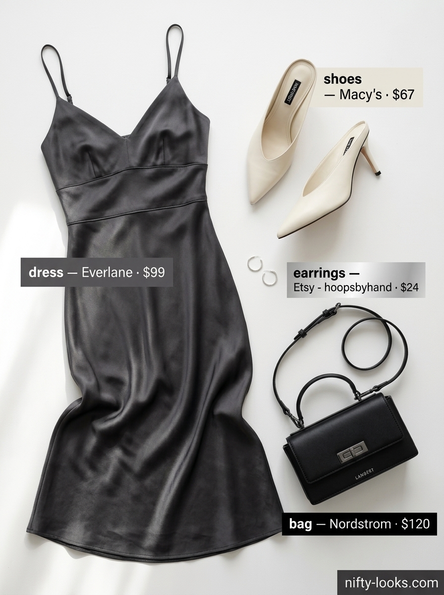 Chic minimalist summer outfit 2026: Charcoal grey slip dress, white mules, silver hoops, and black crossbody for city exploration.