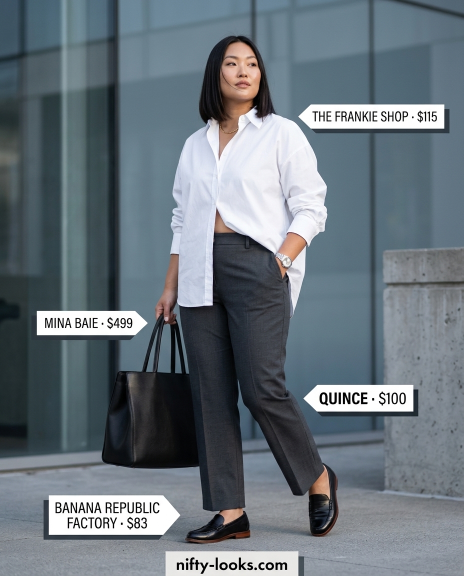 Chic minimalist summer outfit 2026: Charcoal grey trousers, white shirt, black loafers, and tote for work.